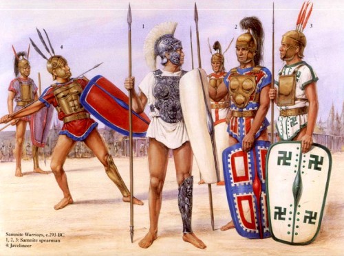 Самнитские воины (293 г. до н.э.): 1,2,3 - самнитские копейщики; 4 - метатель дротиков