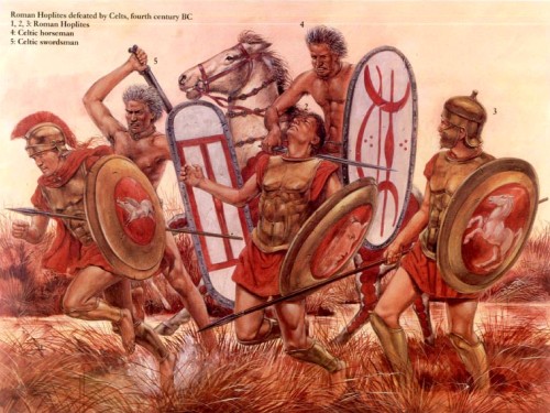 Римские гоплиты убегают от кельтов (IV в. до н.э. ): 1,2,3 - римские гоплиты; 4 - кельтский всадник; 5 - кельтский мечник