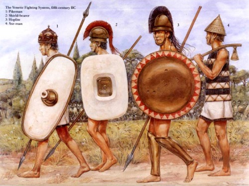 Венетские воины (V в. до н.э.): 1 - копейщик; 2 - щитоносец; 3 - гоплит; 4 - секирщик
