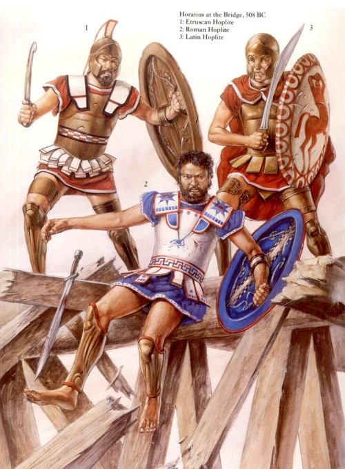 Гораций на мосту (508 г. до н.э.): 1 - этрусский гоплит; 2 - римский гоплит; 3 - латинский гоплит