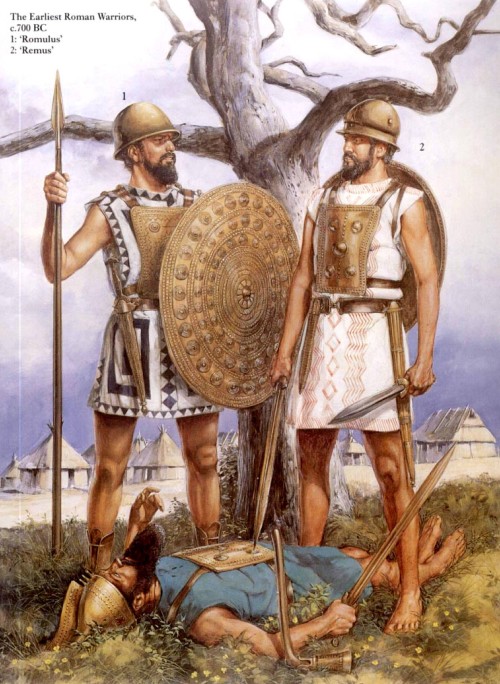 Древнейшие римские воины (700 г. до н.э.): 1 - "Ромул"; 2 - "Рем"
