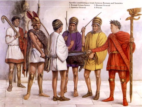 Жертвоприношение в честь договора между Римом и самнитами: 1 - римский жезлоносец; 2 - самнитский полководец; 3 - римский полководец; 4 - жрец