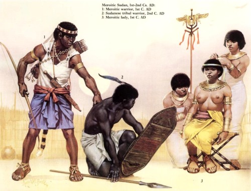 Мероитский Судан (I-II вв. н.э.): 1 - мероитский воин (I в. н.э.); 2 - суданский воин (II в. н.э.); 3 - мероитская знатная дама (I в. н.э.)