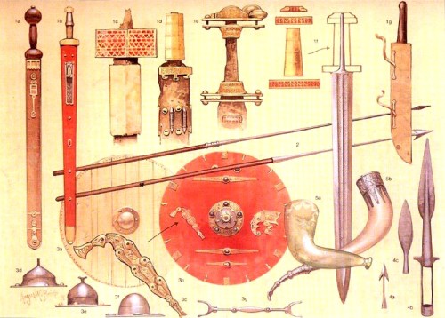 Германское оружие: 1а - меч из-под Торсберга; 1b - готский меч; 1c-1f - рукояти германских мечей; 1g - "сакс" - боевой нож; 2 - ангоны; 3a-3g - щиты, их умбоны и украшения; 4а - наконечник дротика; 4b, 4c - копейные наконечники; 5a, 5b - боевые рога