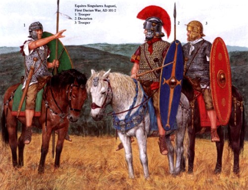 Всадники Императорской конной гвардии (первая дакийская война, 101-102 гг. н.э.): 1, 3 - кавалеристы, 2 - декурион