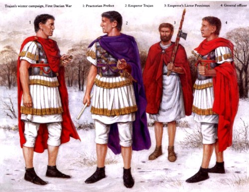 Зимняя кампания Траяна на Нижнем Дунае (первая дакийская война): 1 - префект преторианцев; 2 - Император Траян; 3 - императорский ликтор; 4 - старший офицер
