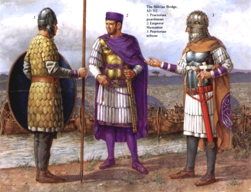 Милвианский мост (312 г. н.э.): 1 - преторианский гвардеец; 2 - Император Максентий; 3 - трибун преторианской гвардии