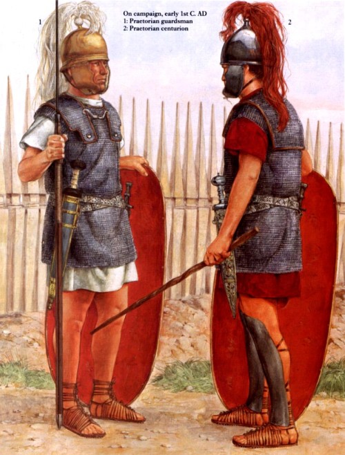 На войне: 1 - преторианский гвардеец, 2 - центурион преторианской гвардии (начало I в. н.э.)