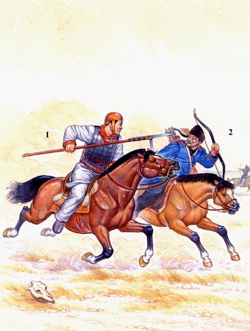 Бой китайской кавалерии с сюнну: 1 - китайский кавалерист с копьем "ге"; 2 - всадник сюнну.