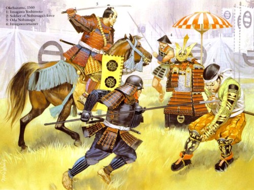 Окехазама (1560 г.): 1 - Имагава Йошимото; 2 - солдат армии Нобунага; 3 - Ода Нобунага; 4 - солдат Имагава.
