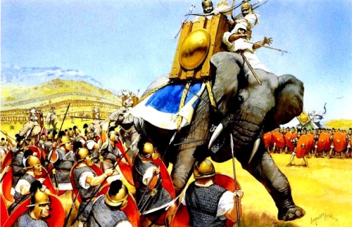 Карфагеняне атакуют римлян в битве при Замме (202 г. до н.э.).