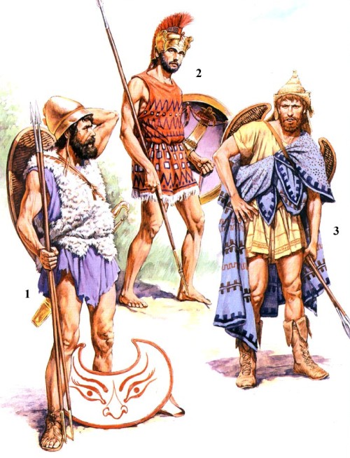 1 - греческий пельтаст (V-IV вв. до н.э.); 2 - афинский экдромой (середина V в. до н.э.); 3 - фракийский пельтаст (V в. до н.э.).