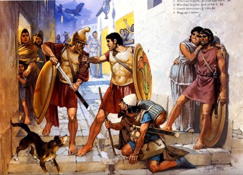1 - афинский гоплит (вторая половина IV в. до н.э.); 2 - родосский гоплит (конец IV в. до н.э.); 3 - греческий наемник (330 г. до н.э.); 4 - раб-носильщик.