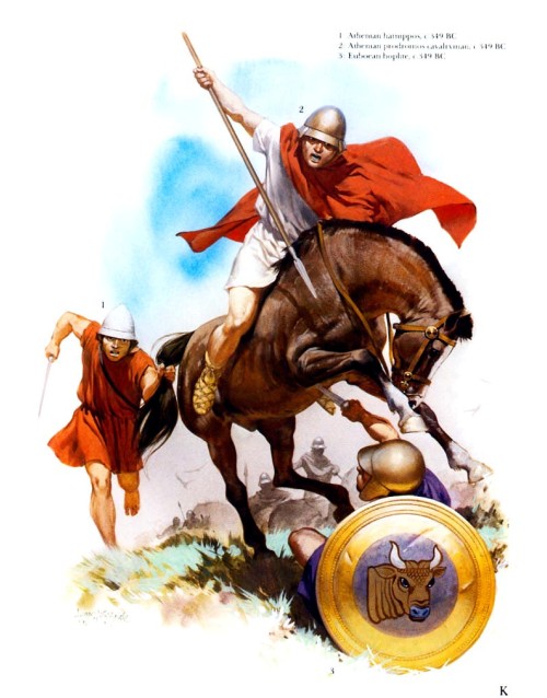 1 - афинский "гамипп" (349 г. до н.э.); 2 - афинский кавалерист-продром (349 г. до н.э.); 3 - эвбейский гоплит (349 г. до н.э.).