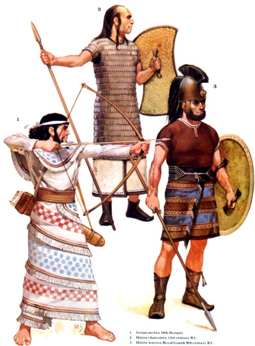 1 - сирийский лучник (XVIII династия); 2 - хеттский колесничий (XIII в. до н.э.); 3 - хеттский царский гвардеец (IX в. до н.э.).